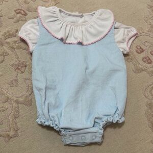 The Beaufort Bonnet Company Light Blue and White Baby Romper with Pink Trim